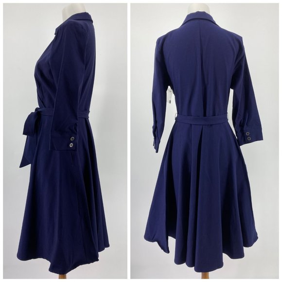 Modcloth Dress Faux Wrap Navy Blue Collared - Picture 3 of 8